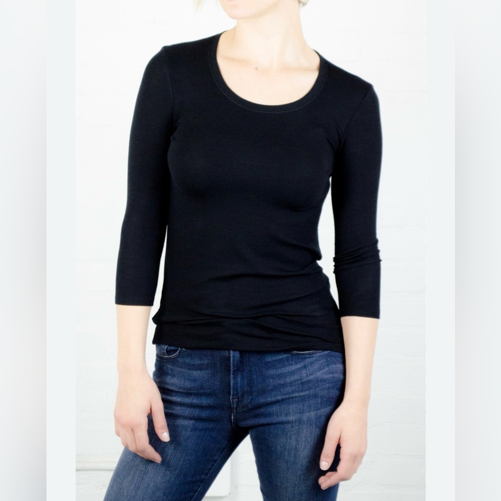 ATM Anthony Thomas Melillo Women’s Black Ribbed Top 3/4 Sleeve Crew Neck Size XL